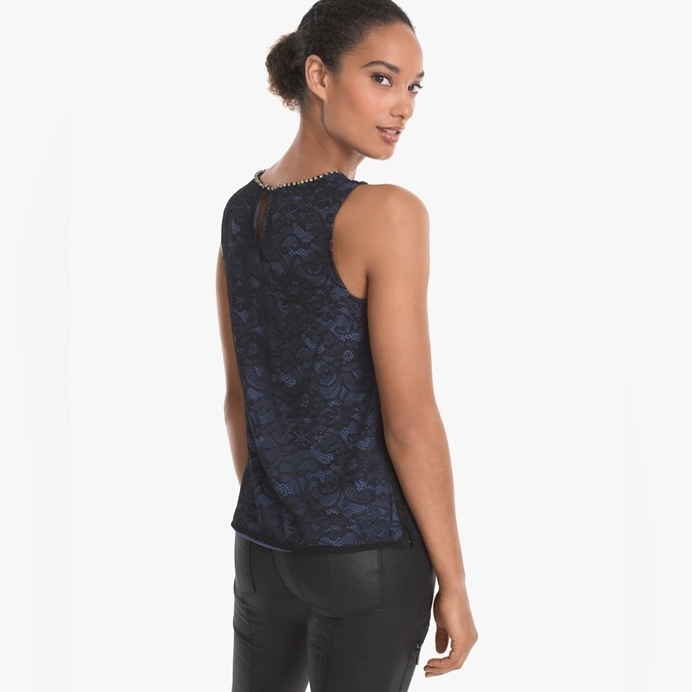 White House Black Market Blue Black Sleeveless Lace Shell Top XXS AE19 - Picture 2 of 14